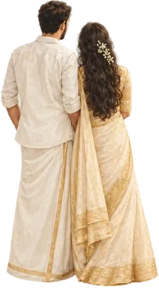 Hari and Sneha, painted from behind, standing together in a meadow